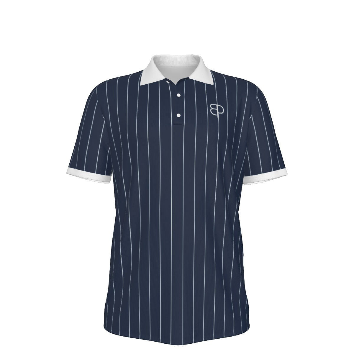 BREAKPOINT Sportswear men's navy blue polo shirt with white vertical pinstripes, white collar, and three-button placket