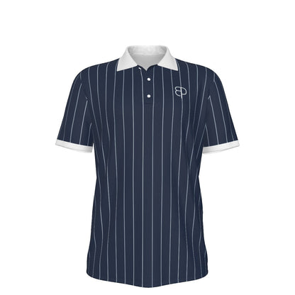 BREAKPOINT Sportswear men's navy blue polo shirt with white vertical pinstripes, white collar, and three-button placket