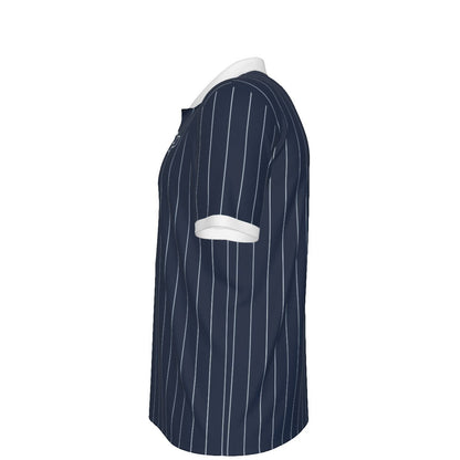 Side view of a BREAKPOINT Sportswear navy blue polo shirt with white pinstripes and a white collar and sleeve cuffs.