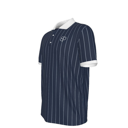 BREAKPOINT Sportswear navy blue pinstripe polo shirt with white collar and cuffs in a soft elastic microfiber fabric.