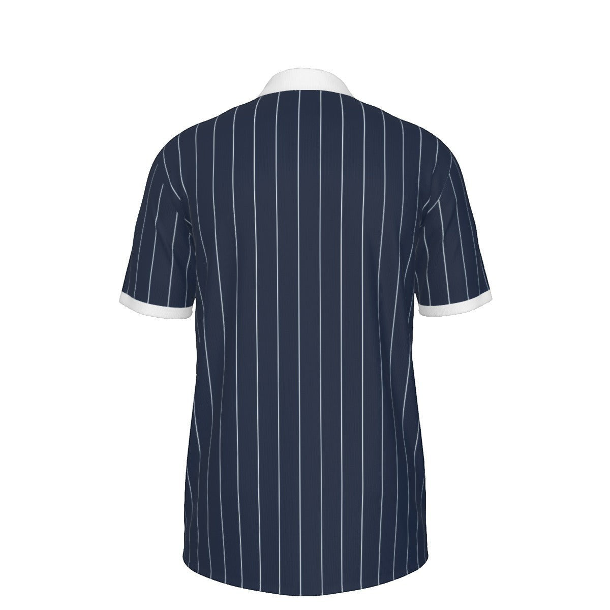 BREAKPOINT Sportswear men's navy blue polo shirt with white vertical pinstripes and white collar and sleeve cuffs