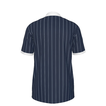 BREAKPOINT Sportswear men's navy blue polo shirt with white vertical pinstripes and white collar and sleeve cuffs