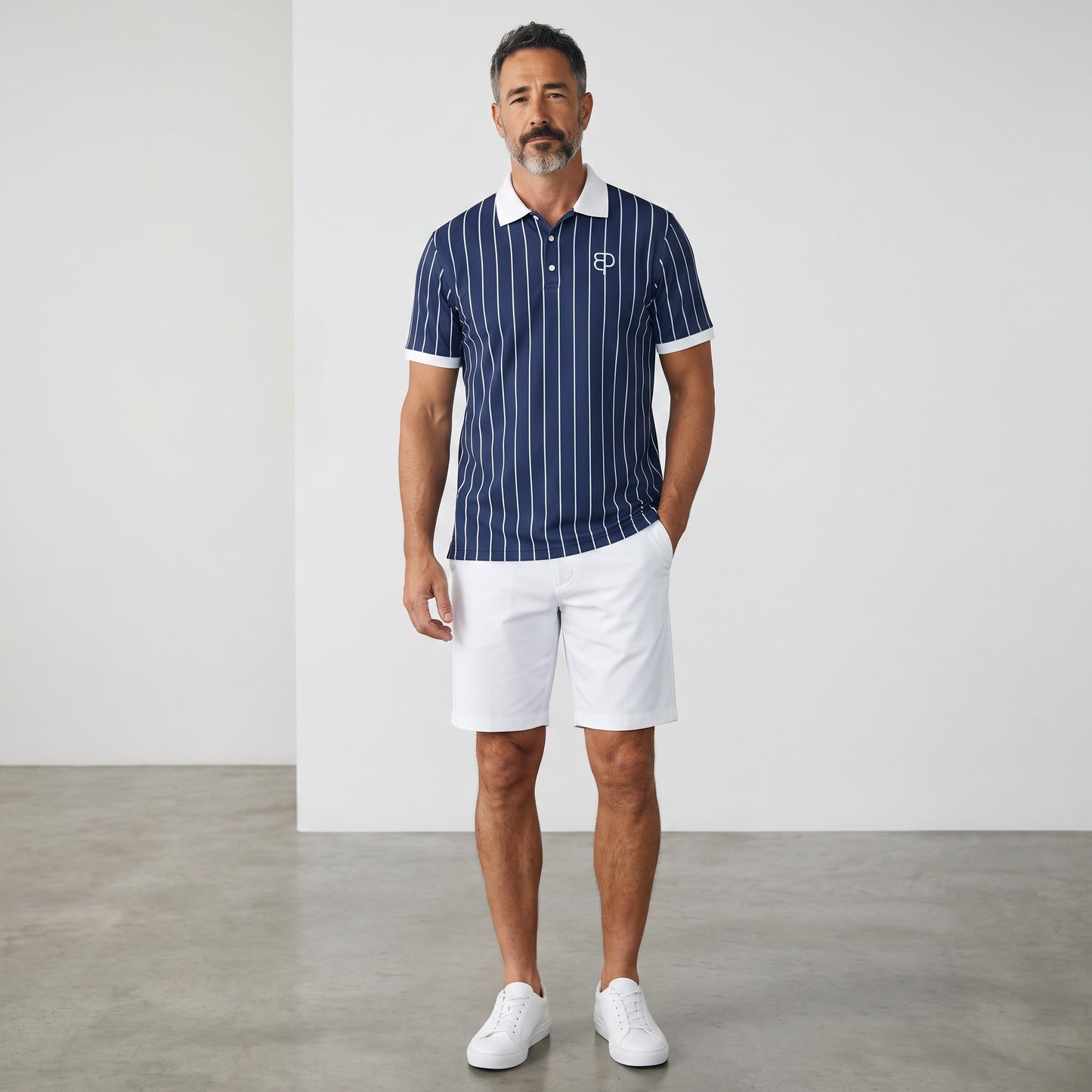 Model wearing a BREAKPOINT Sportswear navy blue pinstripe polo shirt with white collar and trim, paired with shorts.