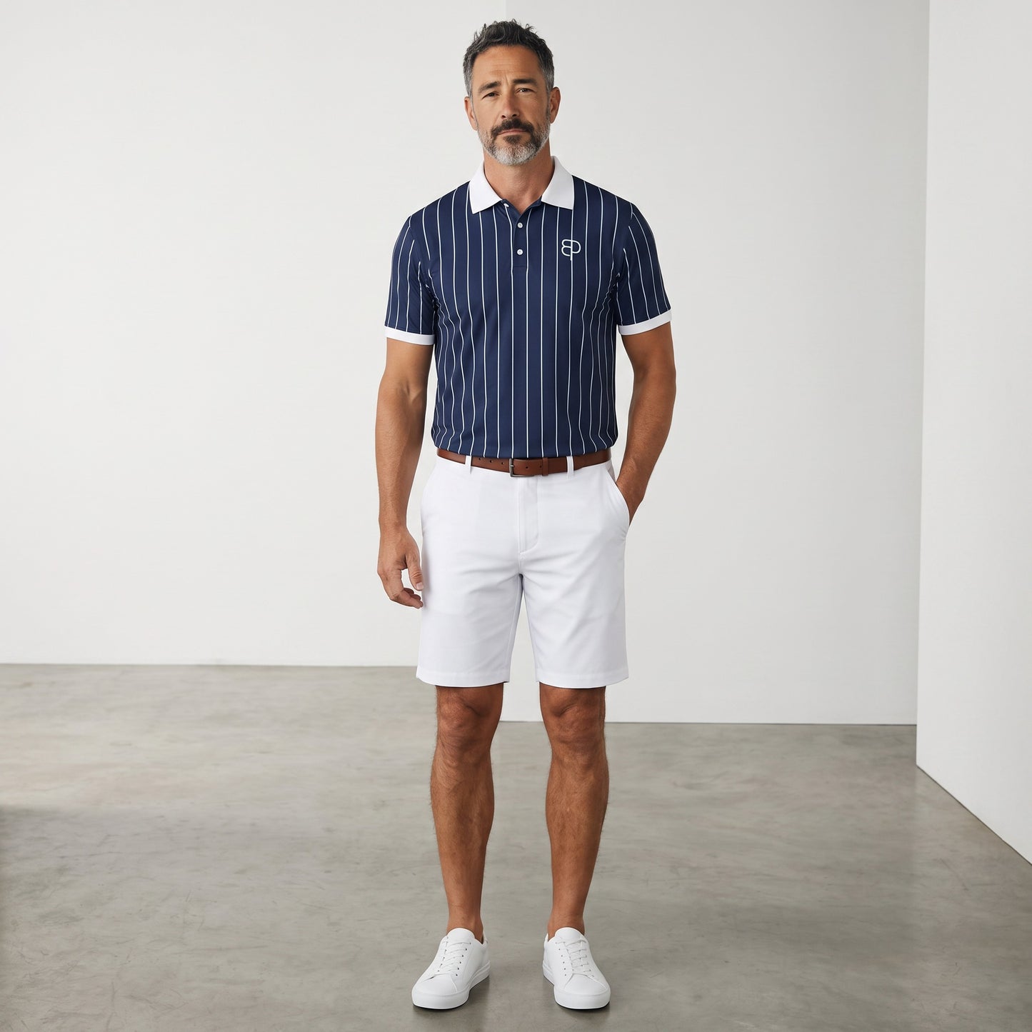 BREAKPOINT Sportswear men's navy blue pinstripe polo shirt with white collar and cuffs, worn with white shorts.