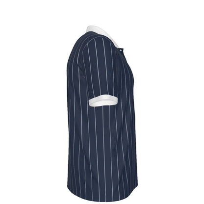 BREAKPOINT Sportswear men's navy blue polo shirt with white pinstripes, white collar, and short sleeves, side view.