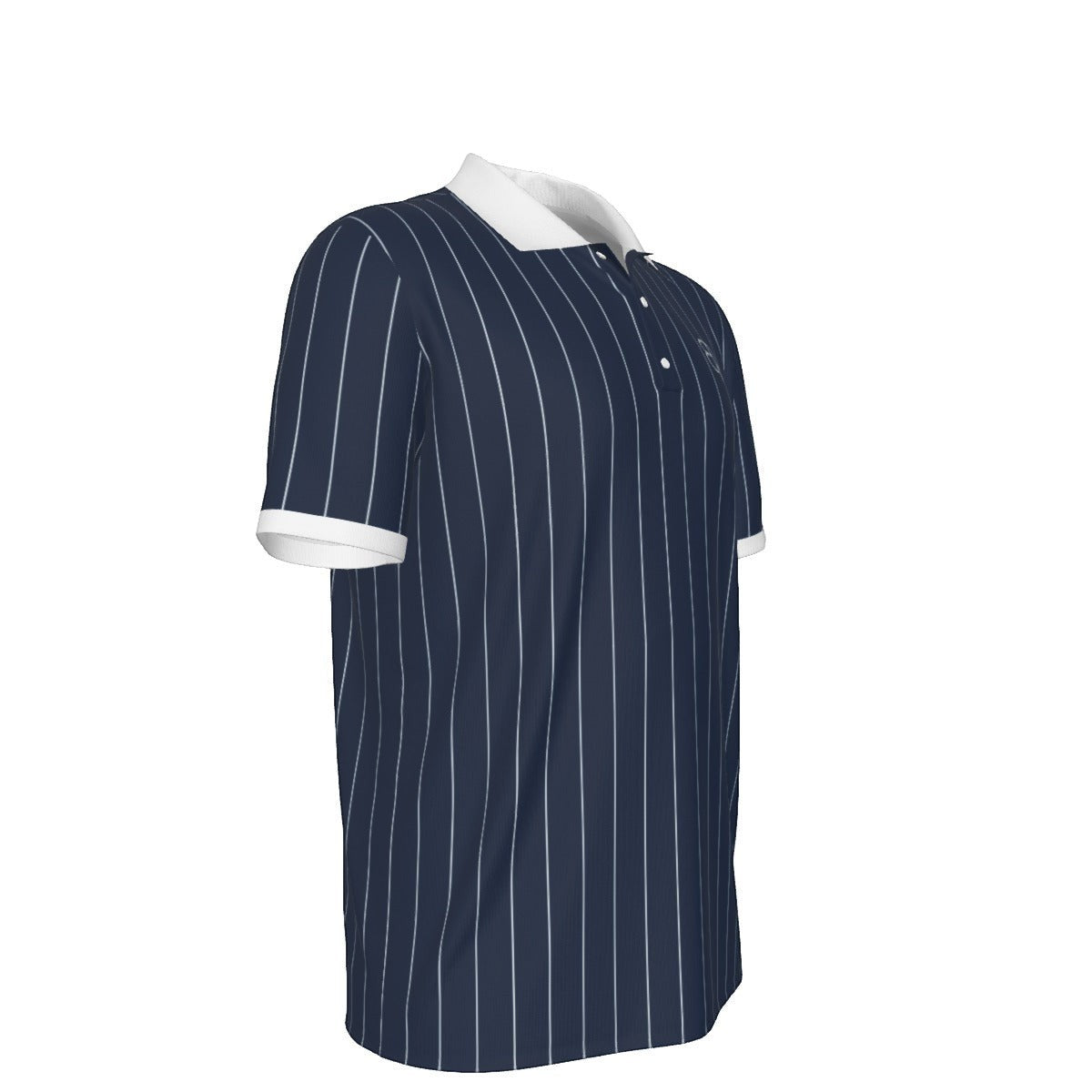 BREAKPOINT Sportswear men's navy blue polo shirt with white vertical pinstripes, white collar, and three-button placket