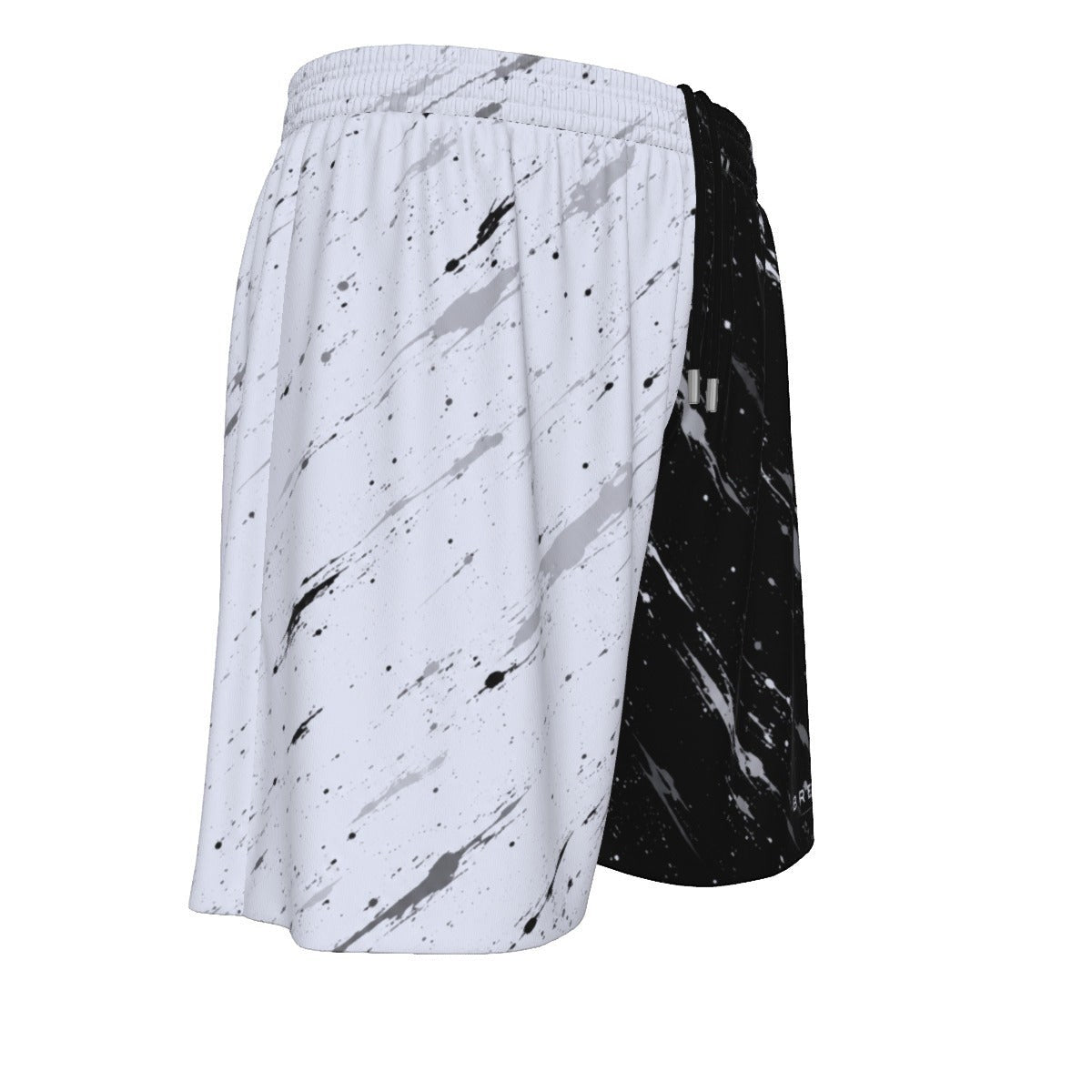 BREAKPOINT Sportswear men's athletic mesh shorts featuring a black and white paint splatter all-over print design.