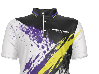 BREAKPOINT Sportswear men's athletic polo shirt with black, white, purple, and yellow paint splatter design.