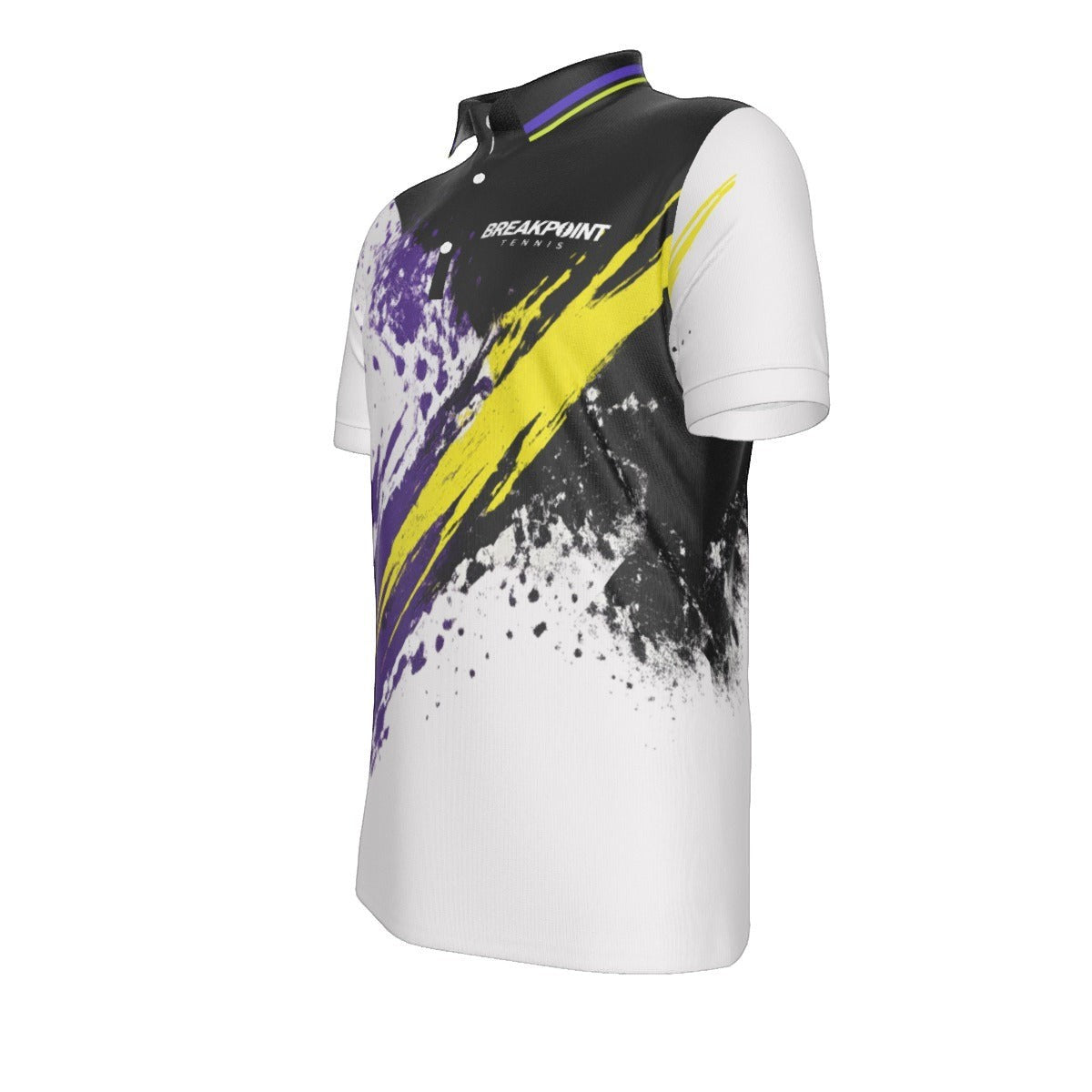 BREAKPOINT Sportswear men's athletic polo shirt with black, white, purple, and yellow paint splatter design.