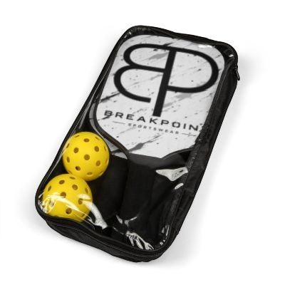 BREAKPOINT Sportswear pickleball paddle set with marble design, two yellow balls, and a black carrying case.