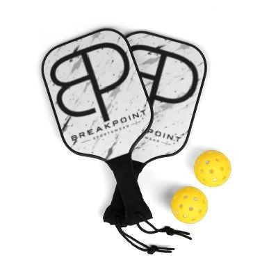 BREAKPOINT Sportswear professional pickleball paddle set with white and black marble design and two yellow balls
