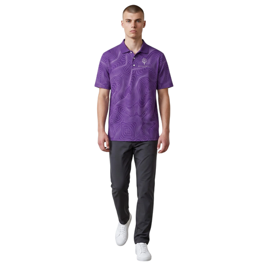 Model wearing a BREAKPOINT Sportswear purple performance polo with a topographic print, paired with dark trousers.