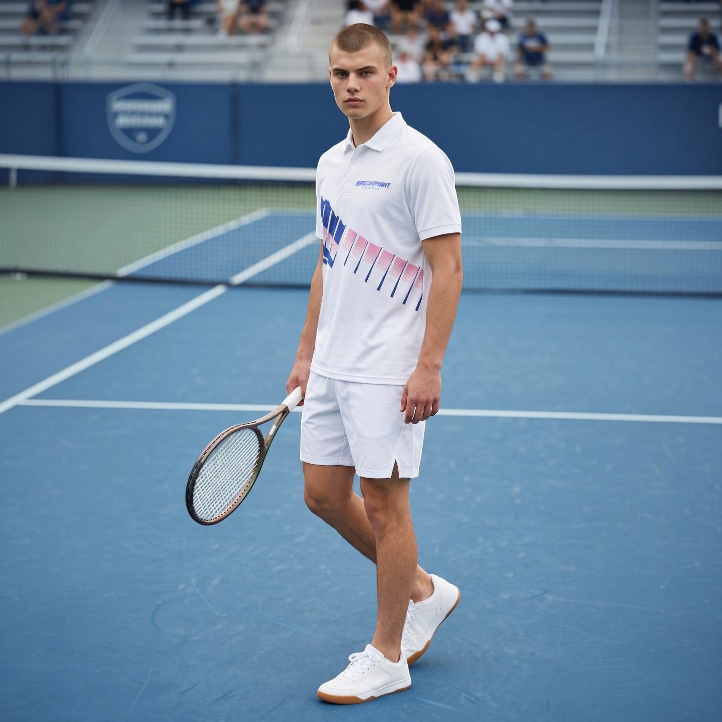 BREAKPOINT Sportswear retro tennis polo in white with royal blue and pink torn-strip graphic on a male model