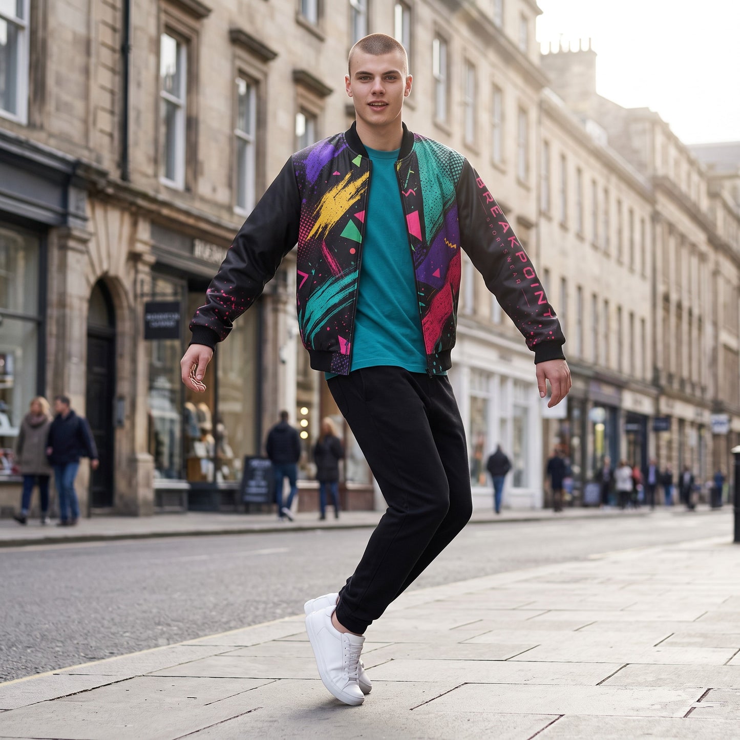 BREAKPOINT Sportswear men's windbreaker jacket with vibrant 90s-style all-over print, sleeve pocket, and full-zip front.
