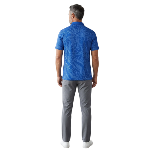 BREAKPOINT Sportswear royal blue performance polo with white topographic print, worn by a man from the back view.
