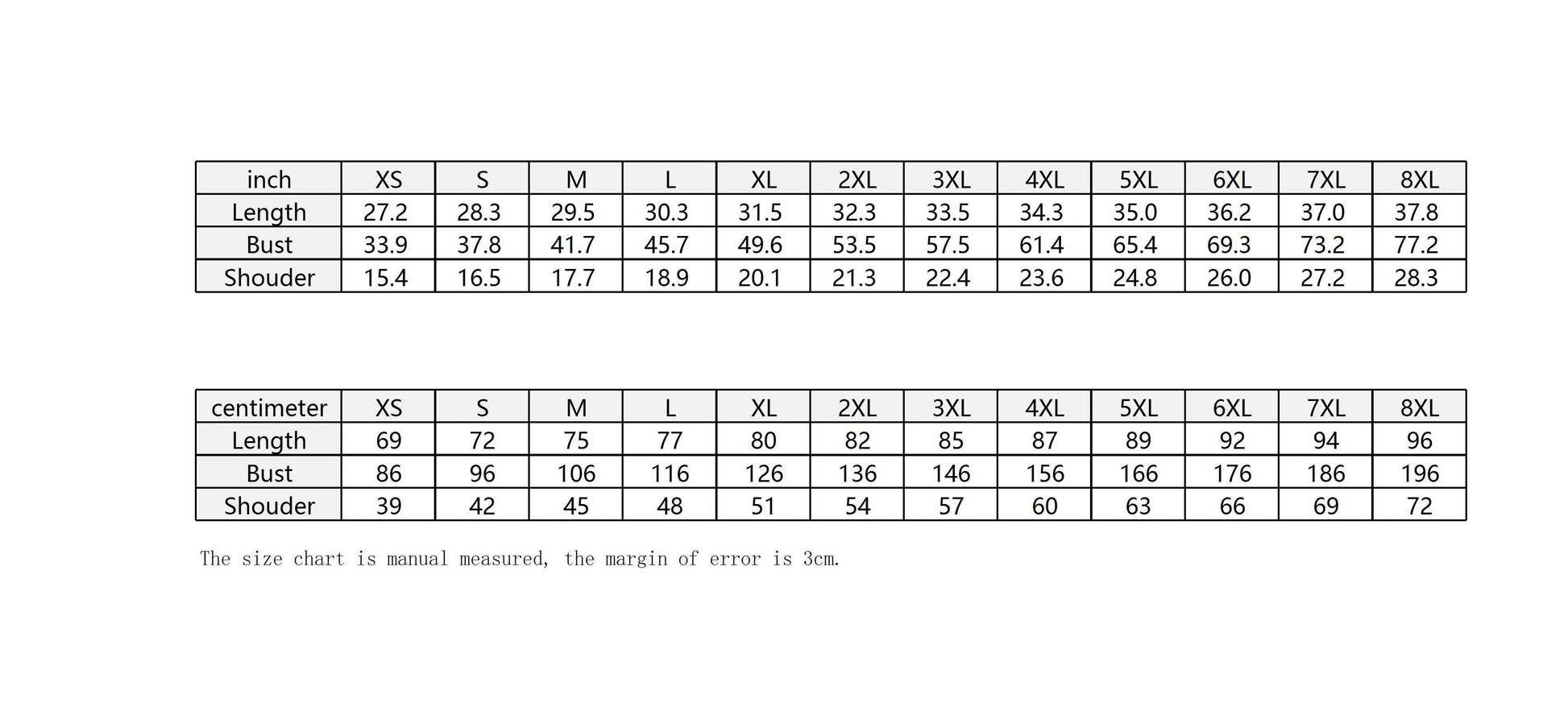 BREAKPOINT Sportswear size chart table for tennis apparel showing length, bust, and shoulder measurements in inches.