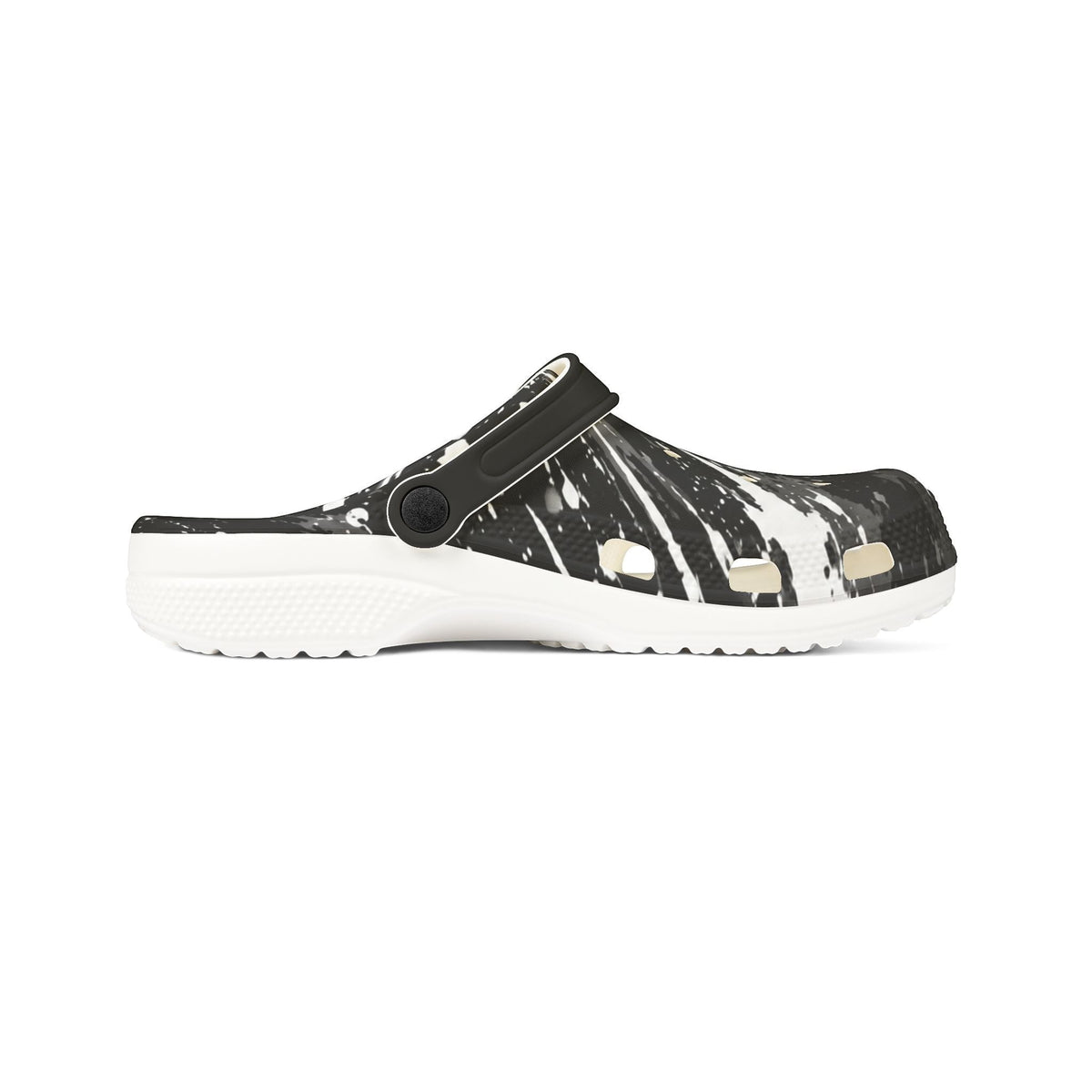 BREAKPOINT Sportswear Splatter Shock EVA foam recovery clog in black and white with a pivoting heel strap.