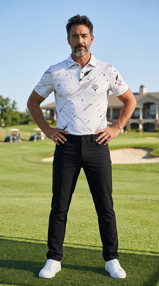 BREAKPOINT Sportswear golf polo with white and black splatter shock pattern worn by a man on a golf course