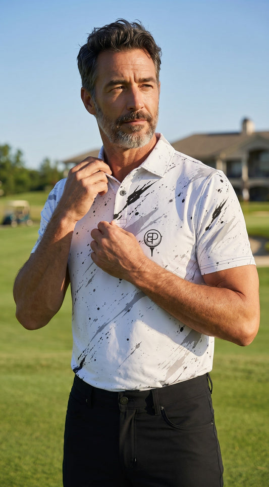 BREAKPOINT Sportswear white golf polo with black and grey splatter shock print worn by a man on a golf course.