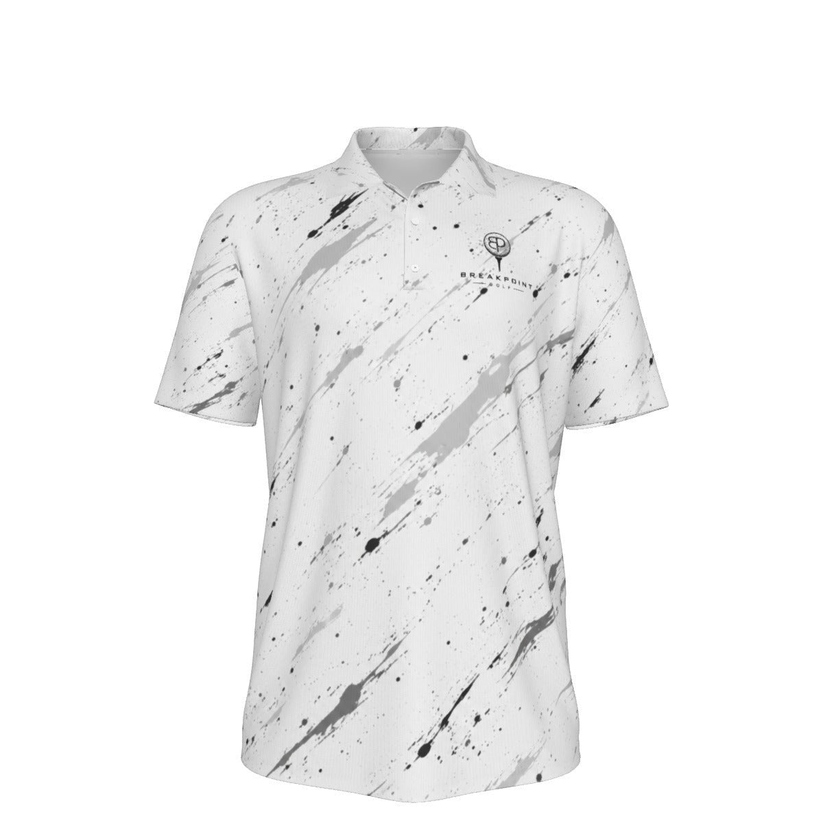 BREAKPOINT Sportswear white performance golf polo with black and grey paint splatter print and moisture-wicking fabric.
