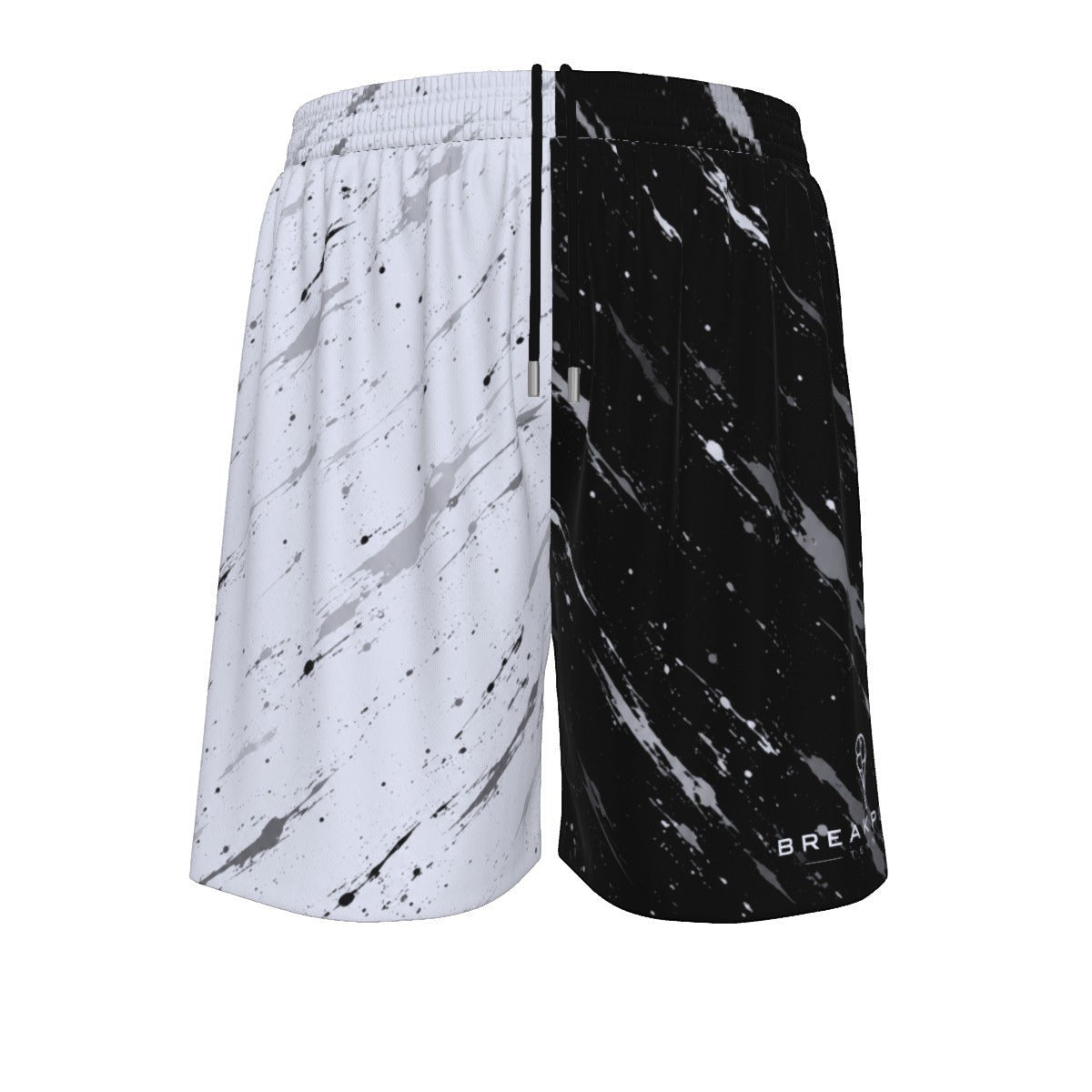 BREAKPOINT Sportswear men's athletic mesh shorts featuring a split black and white paint splatter design.
