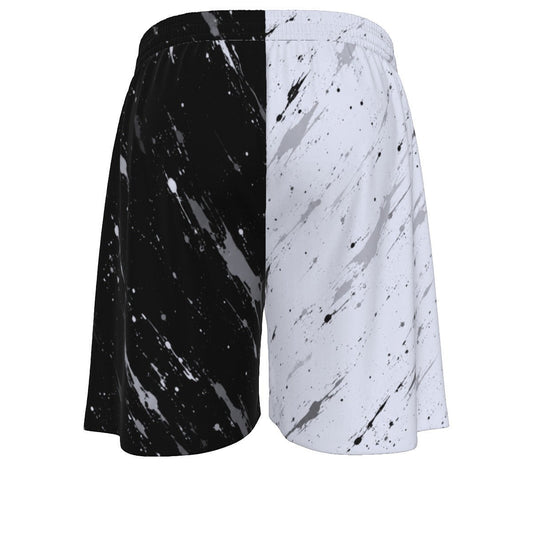 BREAKPOINT Sportswear men's athletic mesh shorts featuring a black and white split-panel paint splatter design.