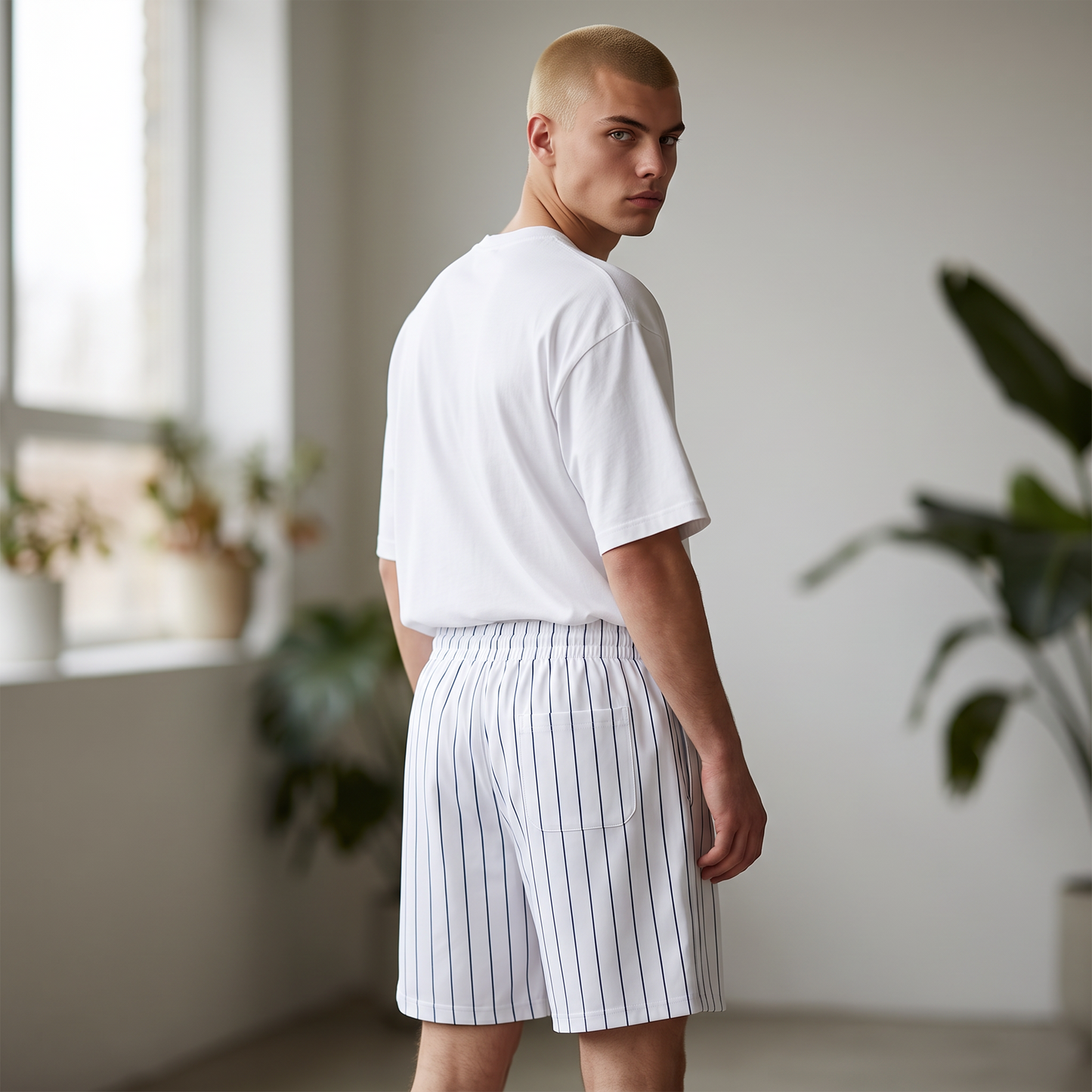 BREAKPOINT Sportswear unisex court shorts in white with blue pinstripes, worn by a model in a bright studio.