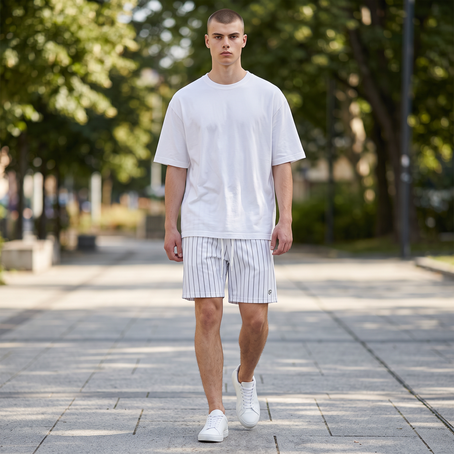 A model wearing BREAKPOINT Sportswear striped court shorts and a white t-shirt, walking on a paved outdoor path.