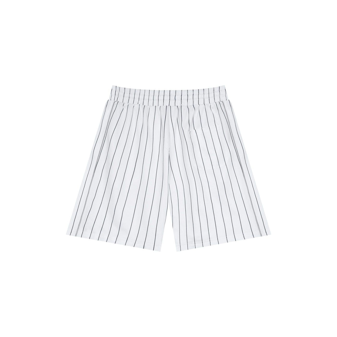 BREAKPOINT Sportswear white court shorts with thin vertical black stripes, featuring a loose fit and mid-waist design.