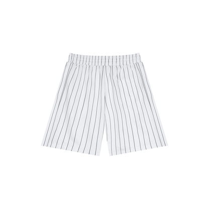 BREAKPOINT Sportswear white court shorts with thin vertical black stripes, featuring a loose fit and mid-waist design.