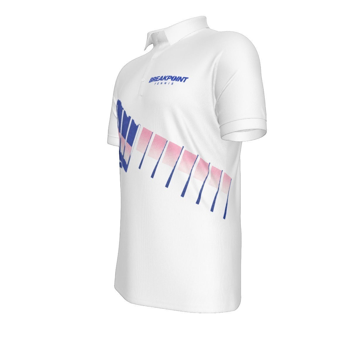 BREAKPOINT Sportswear Tiebreak '91 tennis polo in white with royal blue and pink torn-strip graphic and chest logo.