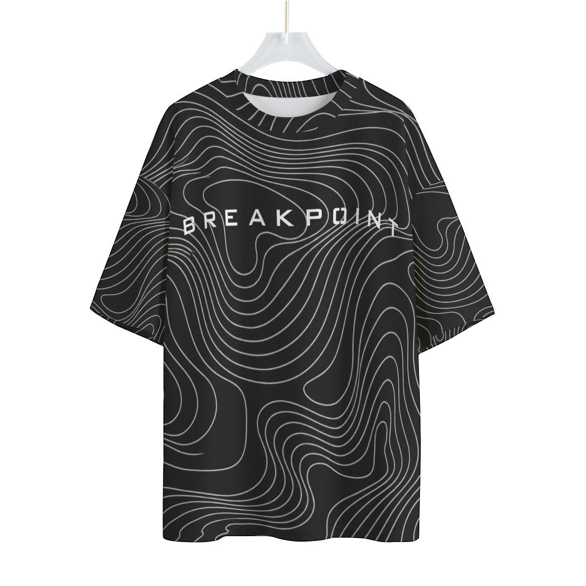 BREAKPOINT Sportswear black and white drop-shoulder tee with topographic line print and central logo on a hanger.