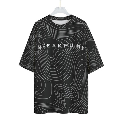 BREAKPOINT Sportswear black and white drop-shoulder tee with topographic line print and center chest logo