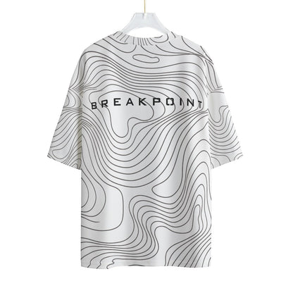 BREAKPOINT Sportswear white and black drop-shoulder tee with topographic line print and back logo graphic