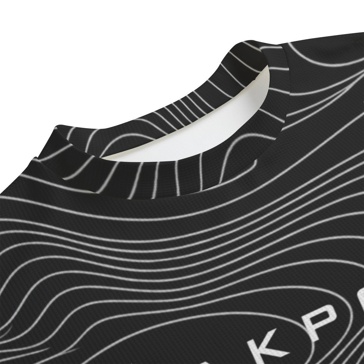 BREAKPOINT Sportswear black and white drop shoulder tee with a topographic line pattern and crew neck collar.