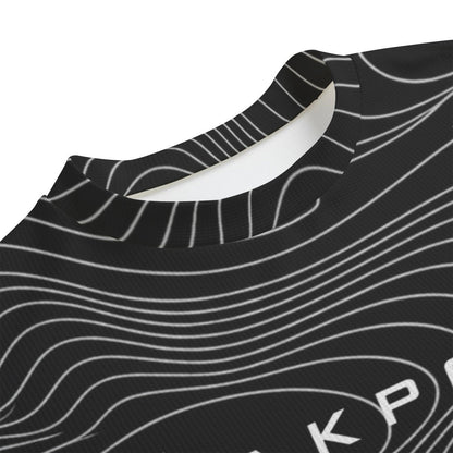 BREAKPOINT Sportswear black and white drop shoulder tee with a topographic line pattern and crew neck collar.