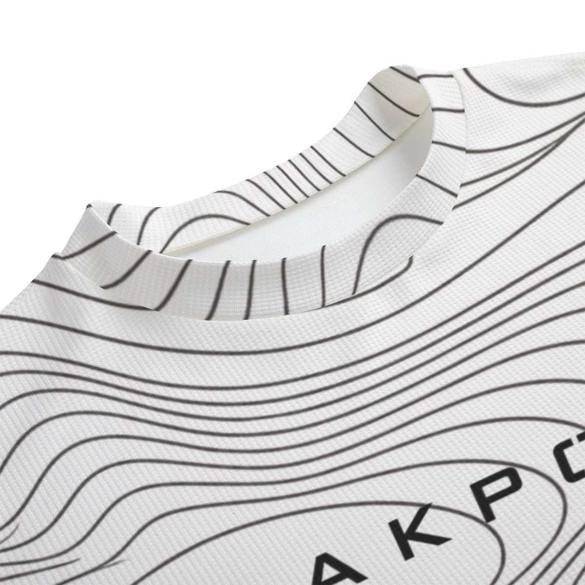 BREAKPOINT Sportswear white and black drop shoulder tee with a topographic line pattern on breathable knit fabric.