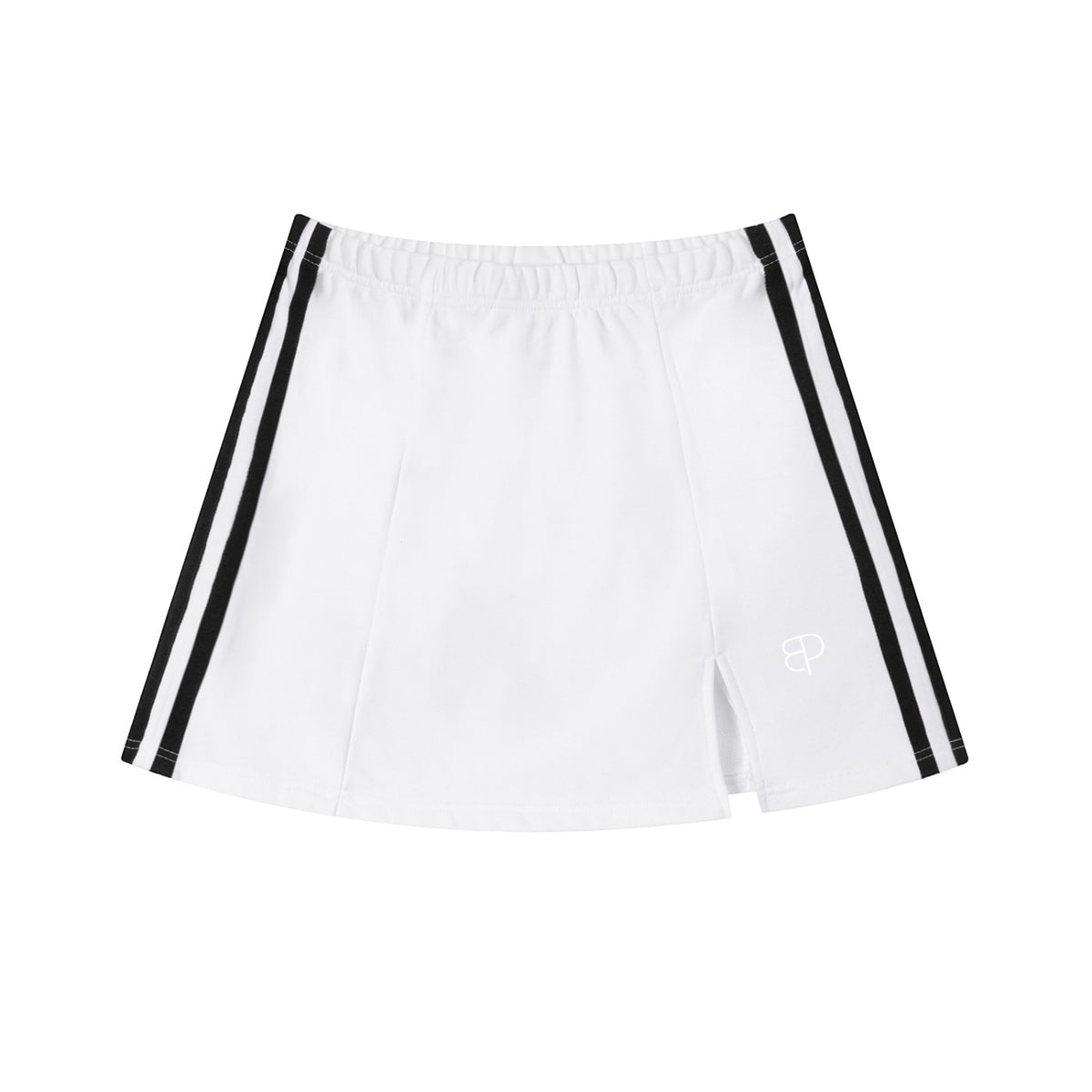 Model wearing a white BREAKPOINT Sportswear cotton-blend mini skirt with a contrast side stripe and front slit
