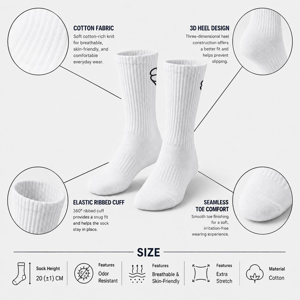 BREAKPOINT Sportswear white cotton crew socks with ribbed cuffs, 3D heel design, and seamless toe for sports comfort.