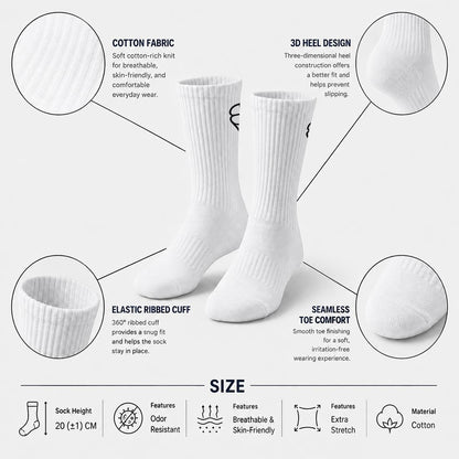 BREAKPOINT Sportswear white cotton crew socks with ribbed cuffs, 3D heel design, and seamless toe for sports comfort.