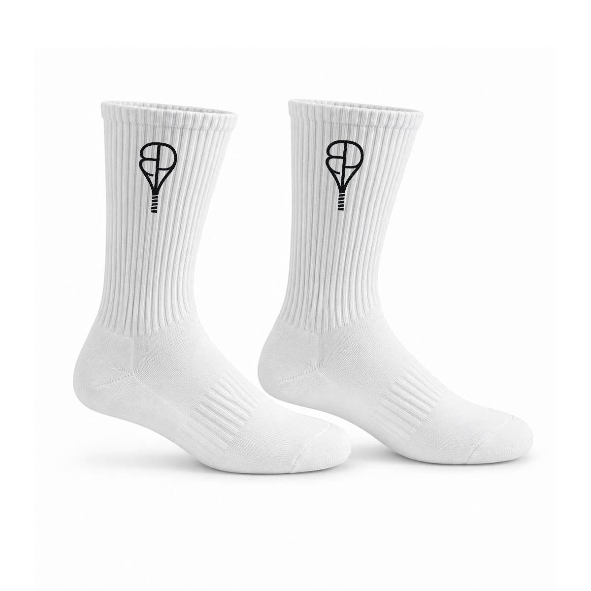 BREAKPOINT Sportswear white cotton crew socks with black embroidered tennis racket logo for sports and daily wear.