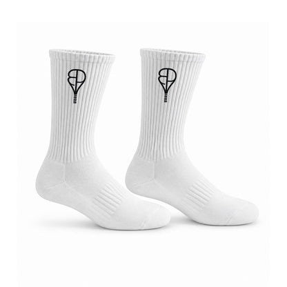 BREAKPOINT Sportswear white cotton crew socks with black embroidered tennis racket logo for sports and daily wear.