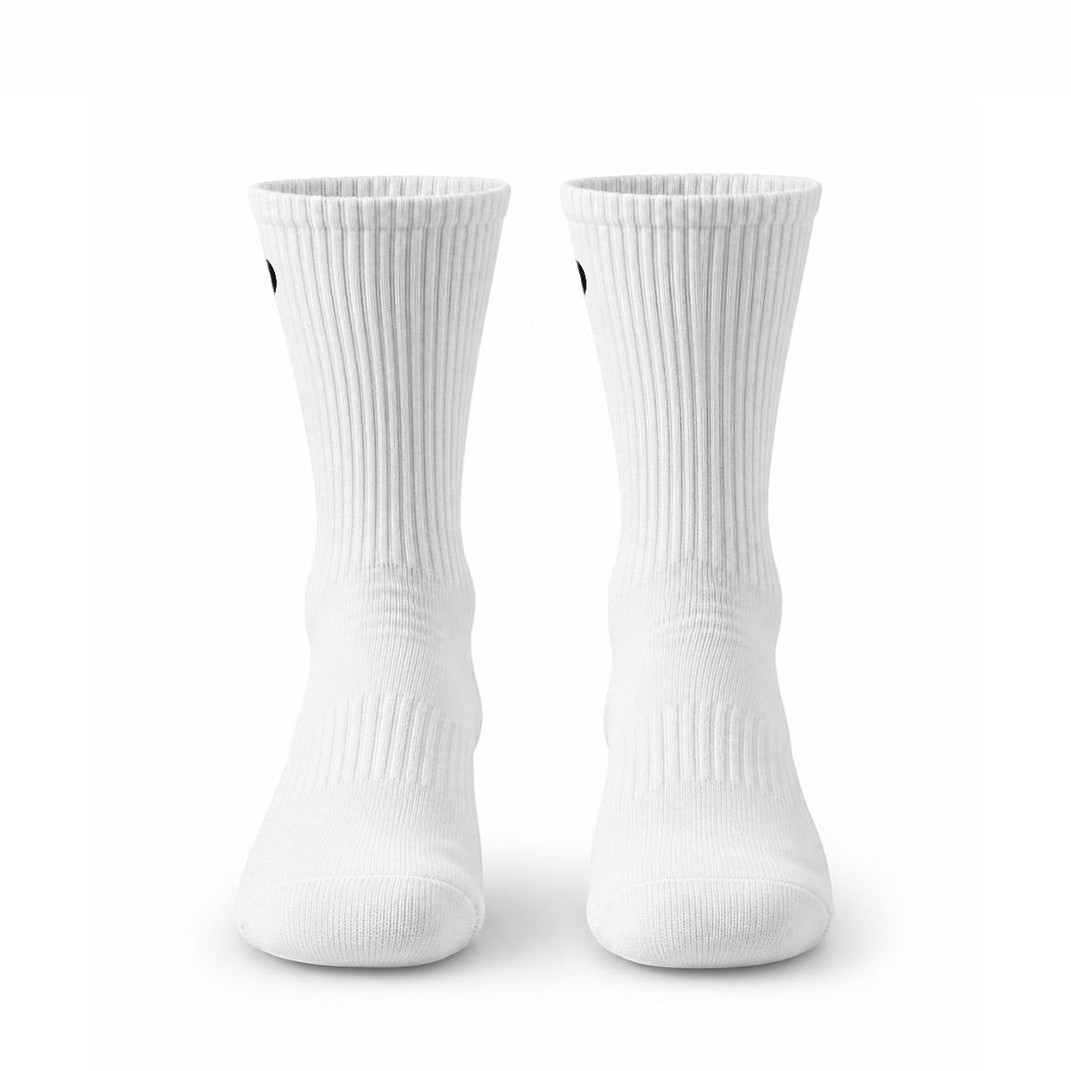 BREAKPOINT Sportswear white crew socks with ribbed cuffs and embroidered detailing for sports and daily wear.