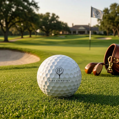 BREAKPOINT Sportswear white golf ball with logo on a green golf course fairway with clubs and flag in background.