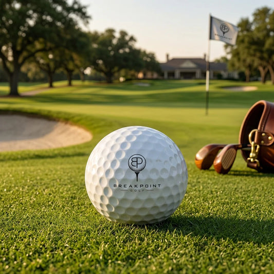 BREAKPOINT Sportswear white golf ball with logo on a green golf course fairway with clubs and flag in background.