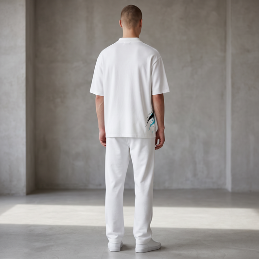 Man wearing BREAKPOINT Sportswear white golf polo with 90s-inspired graphic print on the back in a studio setting.