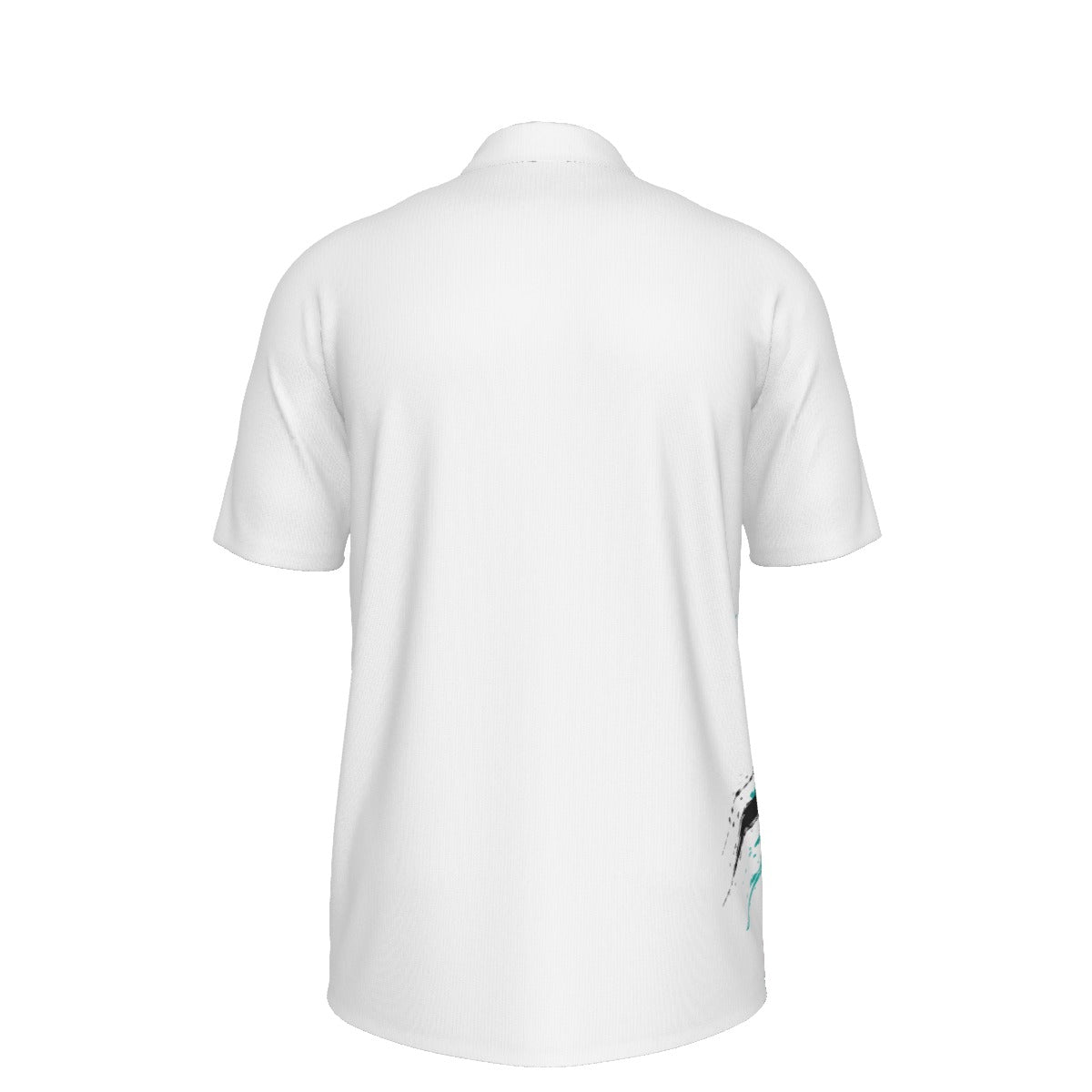 Back view of BREAKPOINT Sportswear '92 golf polo in white heavyweight stretch knit with subtle 90s graphic detail