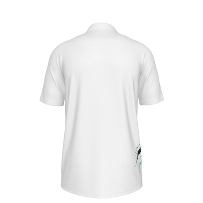 Back view of BREAKPOINT Sportswear '92 golf polo in white heavyweight stretch knit with subtle 90s graphic detail
