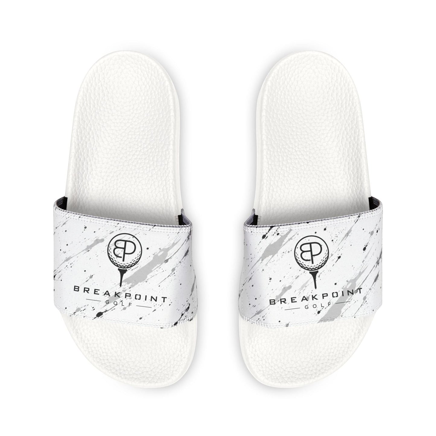 BREAKPOINT Sportswear white golf slides with removable straps featuring a black and grey paint splatter logo design