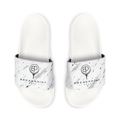 BREAKPOINT Sportswear white golf slides with removable straps featuring a black and grey paint splatter logo design